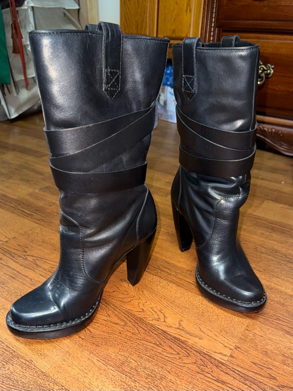 Michael Kors Black Leather Mid-Calf Heeled Buckle Boots - Picture 2 of 4